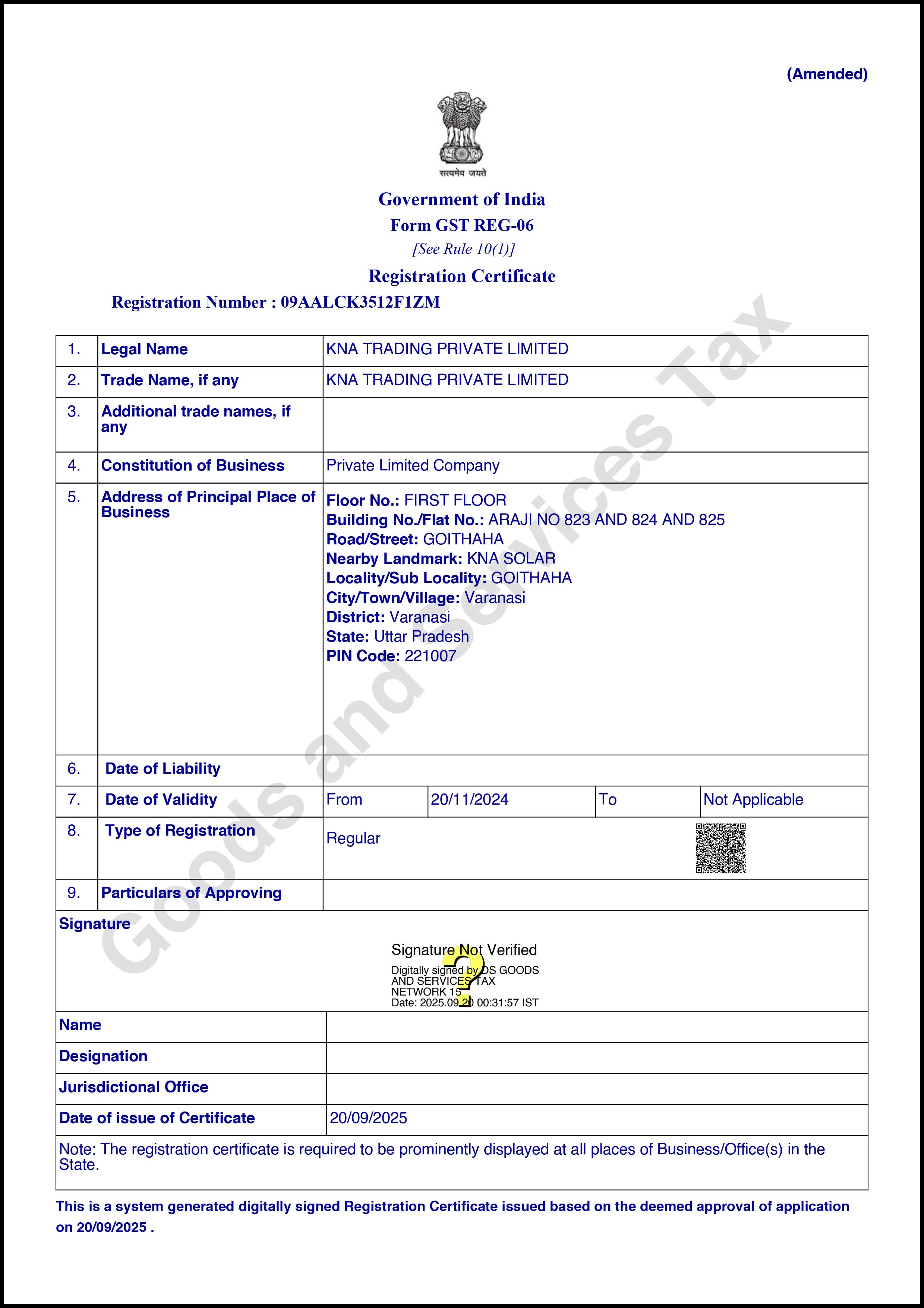 KNA Solar GST Certificate