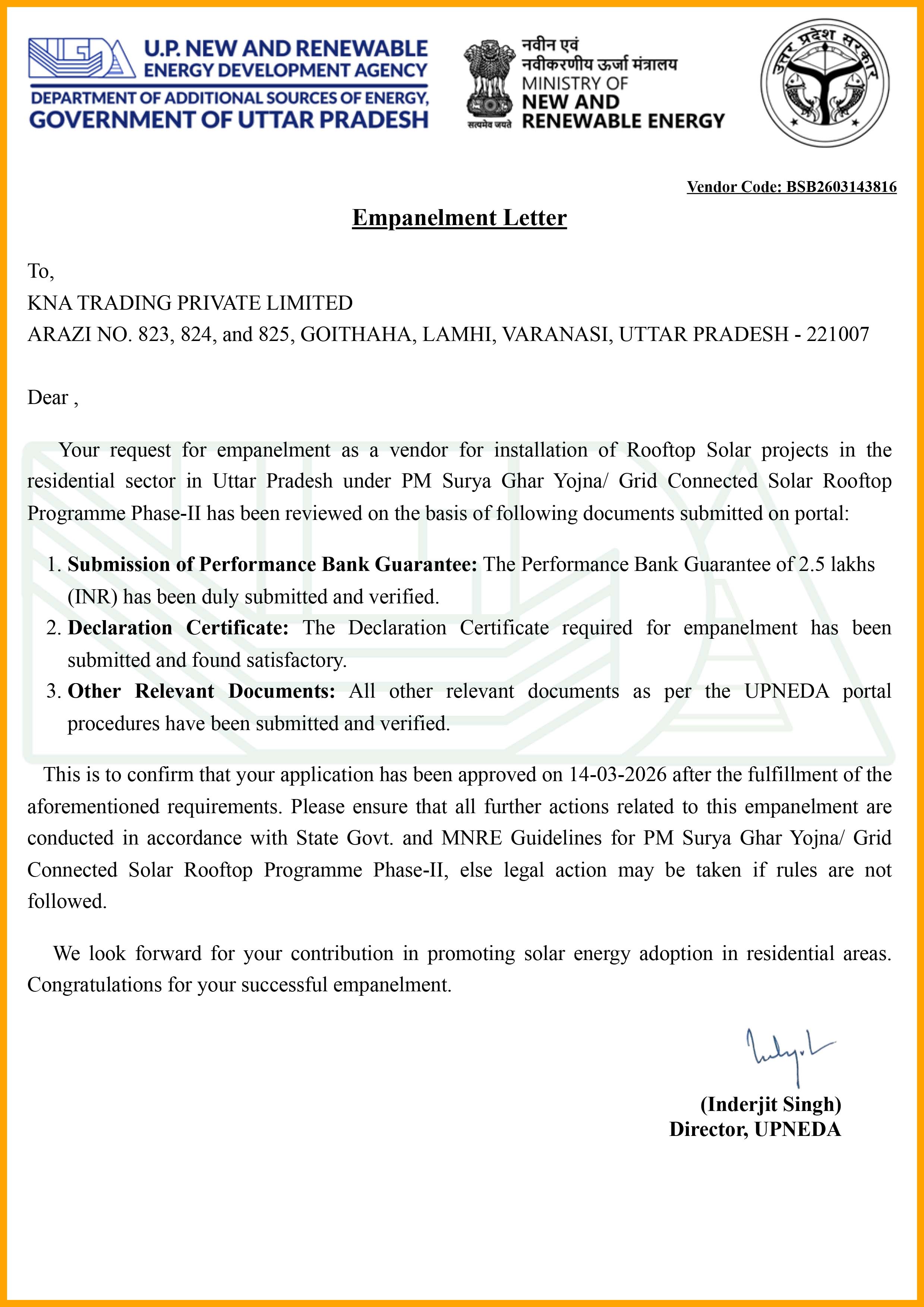 KNA Solar Company Certification